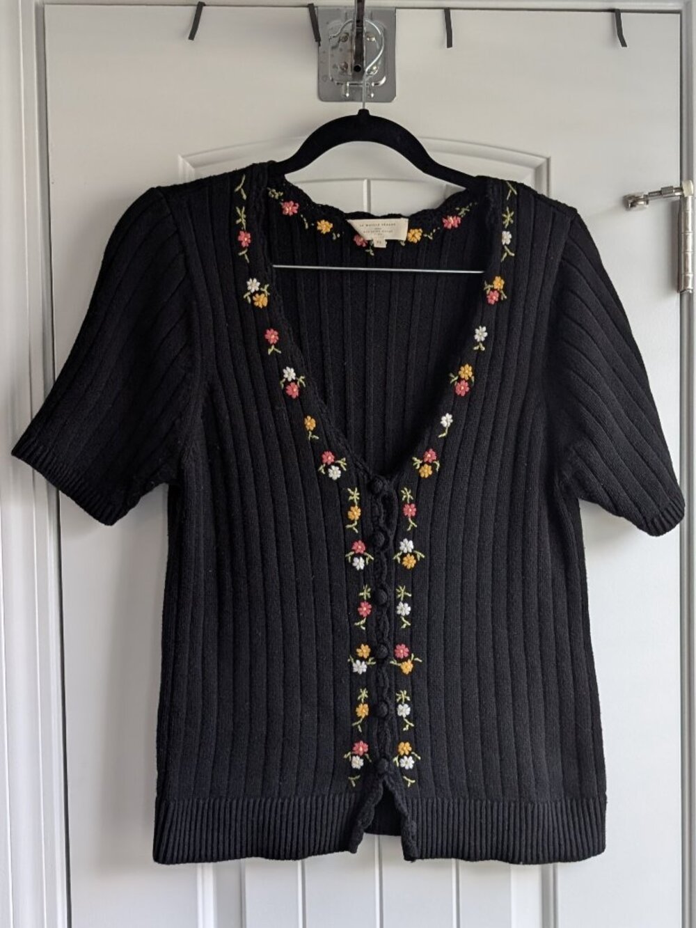 Sezane Iliana Black Floral Short Sleeve V Neck Cardigan Organic Cotton XL